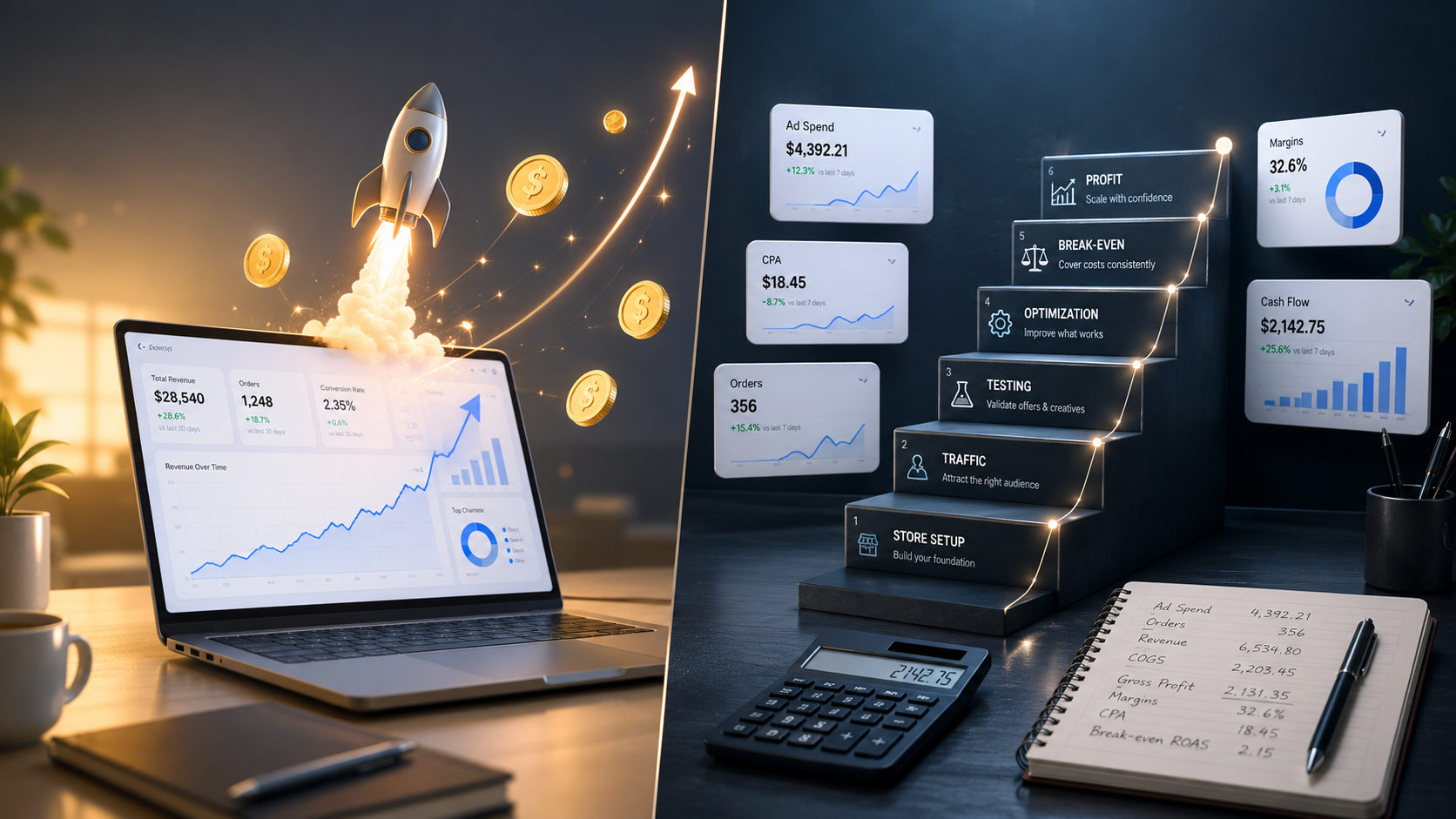 Expectation vs reality ecommerce illustration showing ad spend, traffic, testing, margins, cash flow, and break-even stages.
