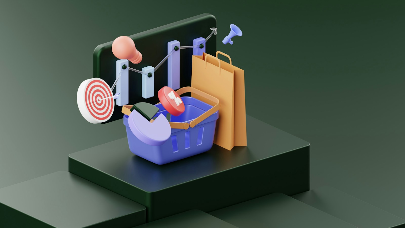 3D editorial illustration representing ecommerce growth toward a sales target