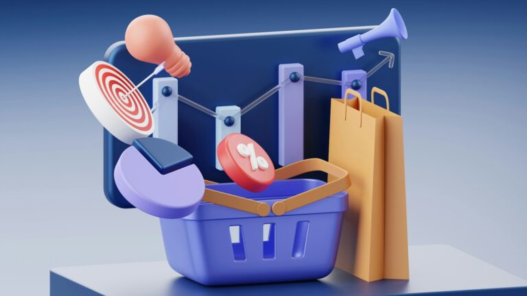 Professional 3D editorial illustration representing ecommerce growth, targets and revenue thresholds