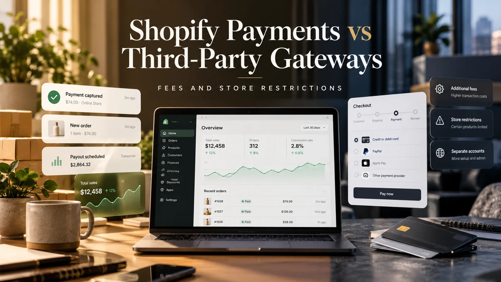 Illustrative Shopify-style payments workspace comparing native and third-party checkout